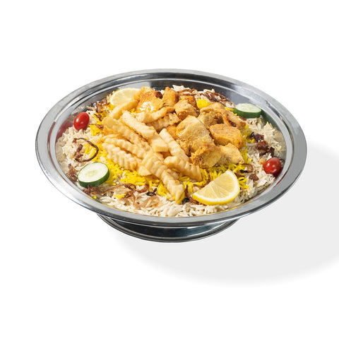 Abu Mubarak Chicken Kebab Mandi for one person, featuring two flame-grilled chicken kebabs on a bed of aromatic smoked basmati rice, garnished with lemon, cucumber, and green chilies on a silver platter.
