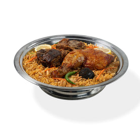 Abu Mubarak Combo Kabsa 4 Pax platter featuring a mix of tender chicken, mutton, and aromatic spiced Kabsa rice.
