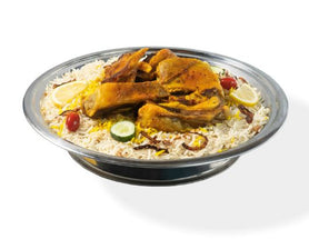 Abu Mubarak Mutton Mandi 4 Pax family platter featuring tender mutton ribs and smoky aromatic basmati rice.

