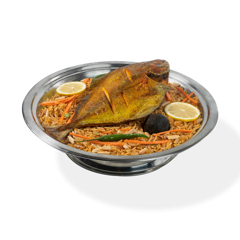 A single serving of Abu Mubarak Fish Kabsa featuring a spiced fish fillet on a bed of aromatic spiced basmati rice, garnished with lemon, cucumber, and tomato.
